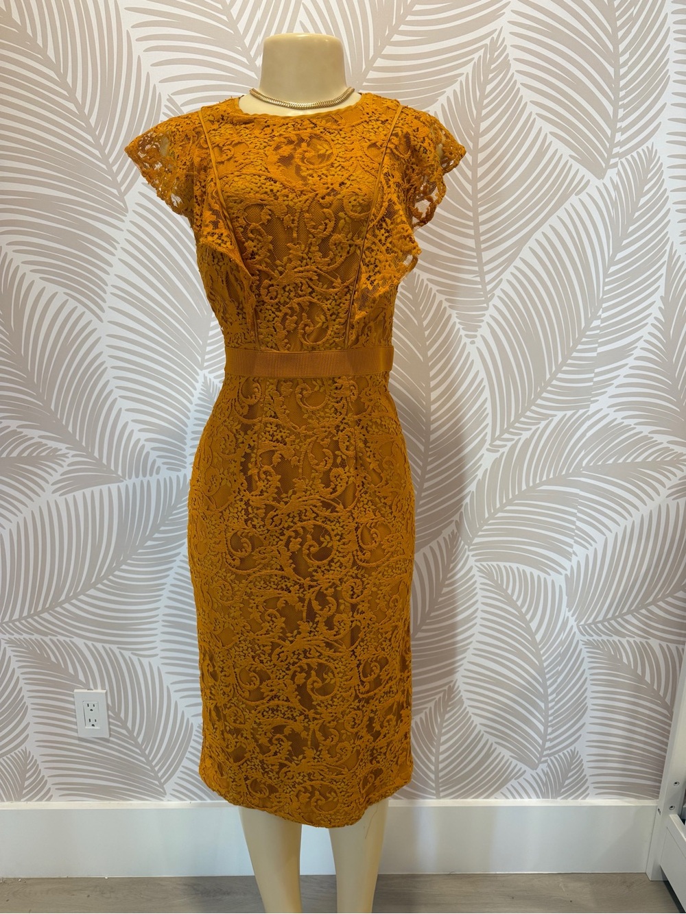 Lace Midi Dress in Mustard with Flutter Cap Sleeves